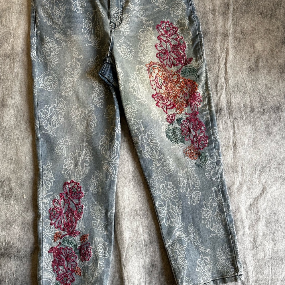 DG2 by Diane Gilman Floral Embroidered Cropped Jeans - Blue and Red - Picture 2 of 15